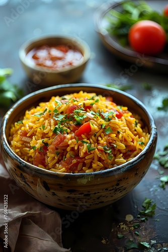 Realistic rice dish with tomatoes in dark color bowl, blur background 