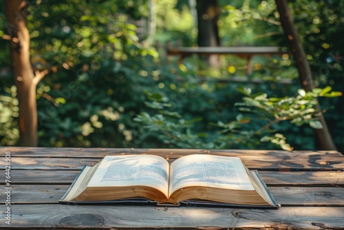 Open book on outdoor wooden table Stock Picture --ar 3 2 --style raw Job ID  2bfe1d6a-78c3-45cf-872a-95a15216c956