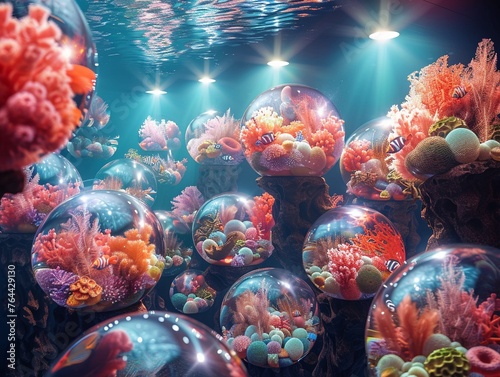 Underwater world captured in a 3D render  ocean balls showcasing coral reefs  schools of fish  and hidden treasures Illuminated with spotlight effects  creating a mesmerizing aquatic ambiance