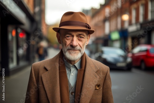 Portrait of an old man with a beard in a brown coat and hat on a city street.