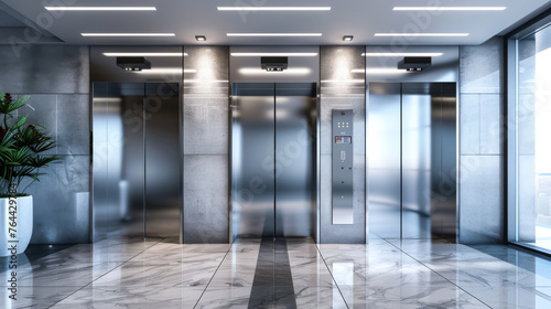 Metal elevator with closed, ajar and open lift doors in hallway. Realistic empty office lobby interior, hotel or waiting area with silver cabins, button panel and display on wall photo