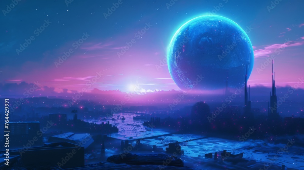 Futuristic cityscape with a giant planet horizon - A neon-drenched cityscape under a massive, looming planet presents a vision of a possible future, stirring imagination and technology's reach