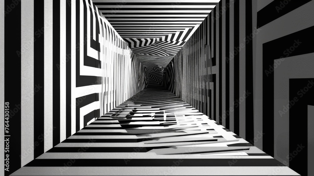 Black and white striped corridor - A striking black and white striped corridor creates a visual illusion with a distorted end Black and white striped corridor - A striking black and white striped corridor creates a visual illusion with a distorted end