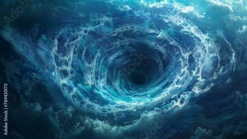 Aquatic vortex in tumultuous deep blue sea - The powerful depiction shows a swirling aquatic vortex amidst the turbulent blue waves of a vast sea