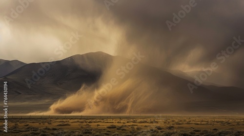 The tranquil beauty of a mountain range is interrupted by the ominous presence of a tornado in the distance stirring up dust and debris.