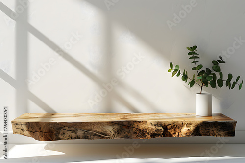 A rectangular wooden shelf in a room displaying a terrestrial plant in a vase. The natural material of the hardwood shelf complements the greenery of the plant photo
