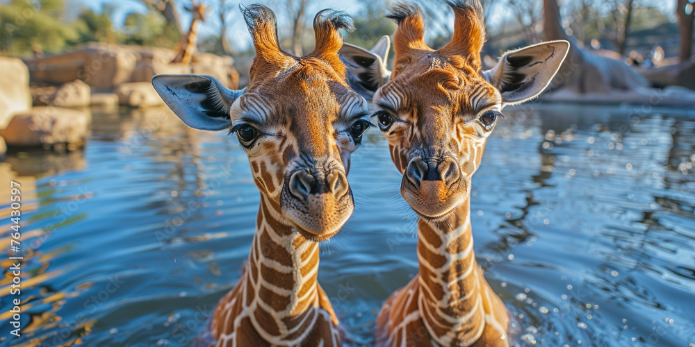 Obraz premium Giraffe Looking At Camera Lens