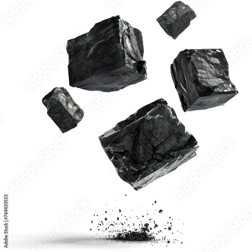 Coal in flying dynamic position mid air, isolated on transparent png.