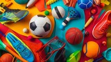 Colorful collection of random sports gear, each piece popping against a vivid, abstract background, a celebration of sport