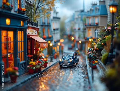 Paris street with windows, houses, and flowers with tilt-shifted miniature effect