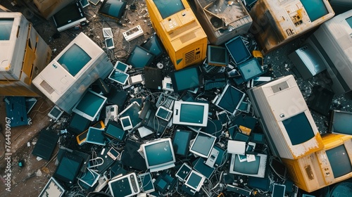 Singlestream recycling flow, electronic devices being recycled, highlighting extended producer responsibility, efficient sorting photo