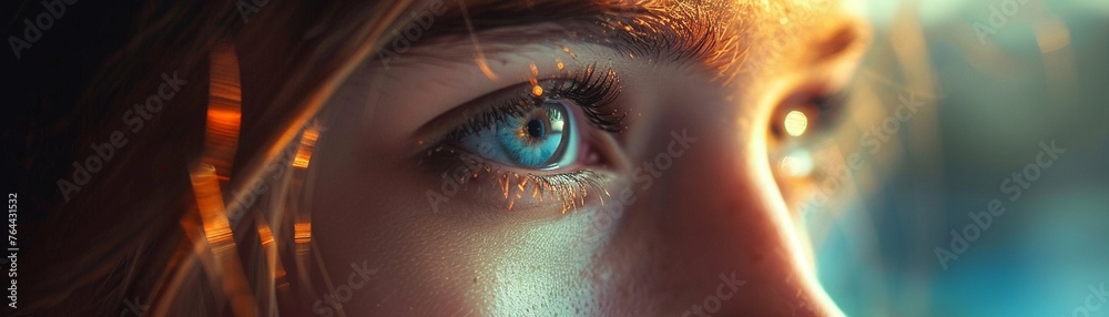 A woman's mysterious eye with a dilated pupil stares out in the dark night - obrazy, fototapety, plakaty 