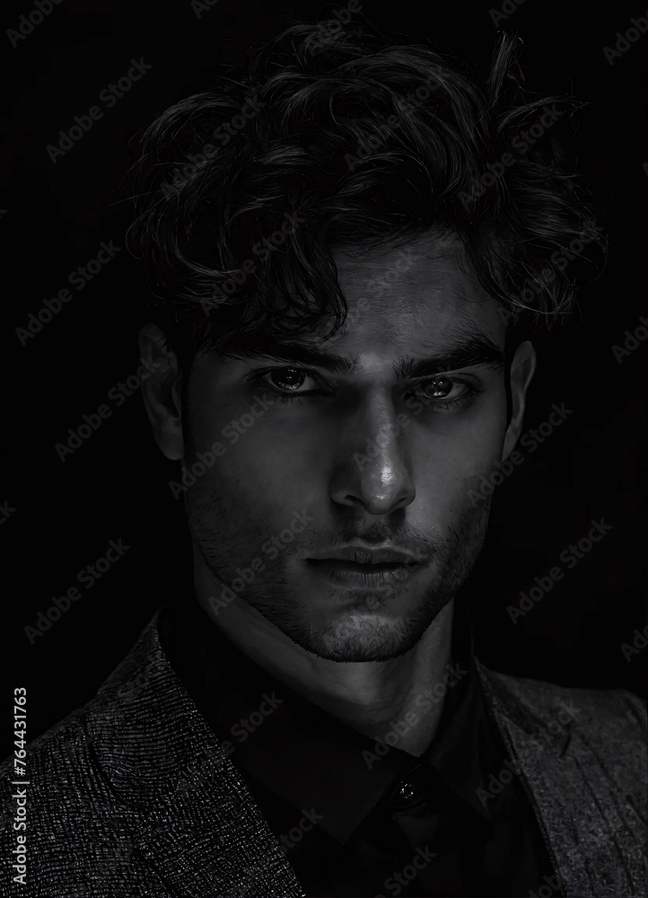 Black and white portrait photo of cool handsome young man looking at camera, dark tones.
