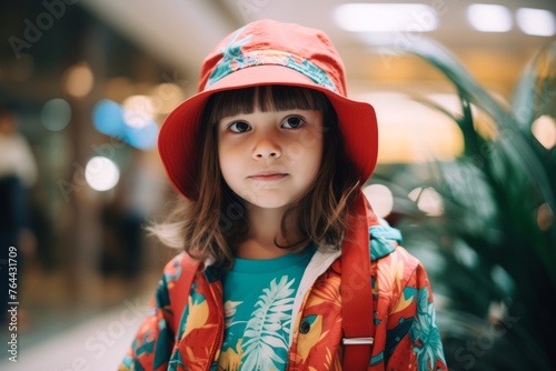 Portrait of a cute little girl in a red hat and jacket.