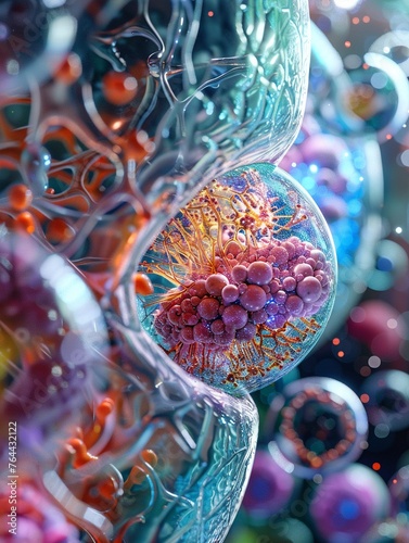 Inside a vibrant cell, enzymes work diligently amidst a maze of organelles Capture the bustling activity with a mix of realistic and artistic styles, emphasizing the complexity of cellular functions B