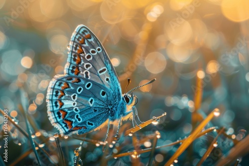 Icarus Blue butterfly with open wings on grass with dew. © evgenia_lo