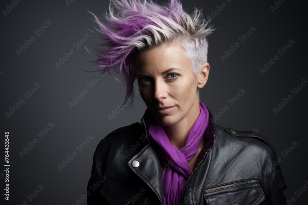 Fashion portrait of a beautiful woman with pink hair and leather jacket