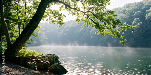 Margem do lago tranquila com névoa surgindo da água