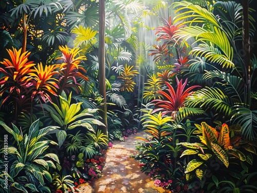A serene botanical garden showcases genetically modified plants boasting vibrant hues and intricate patterns As the sunlight filters through the leaves  revealing their unique genetic enhancements