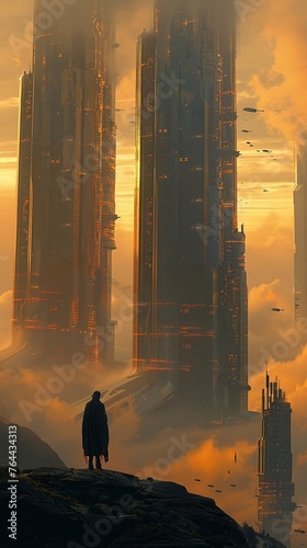 A lone figure stands atop a hill, gazing at a horizon filled with skyscrapers powered by quantum technology The scene captures the contrast of nature and futuristic structures