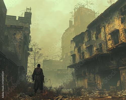 A lone figure in tattered clothing standing in a desolate cityscape, surrounded by dilapidated buildings and rusted structures The sky is heavy with smog, casting an eerie pall over the scene Style photo