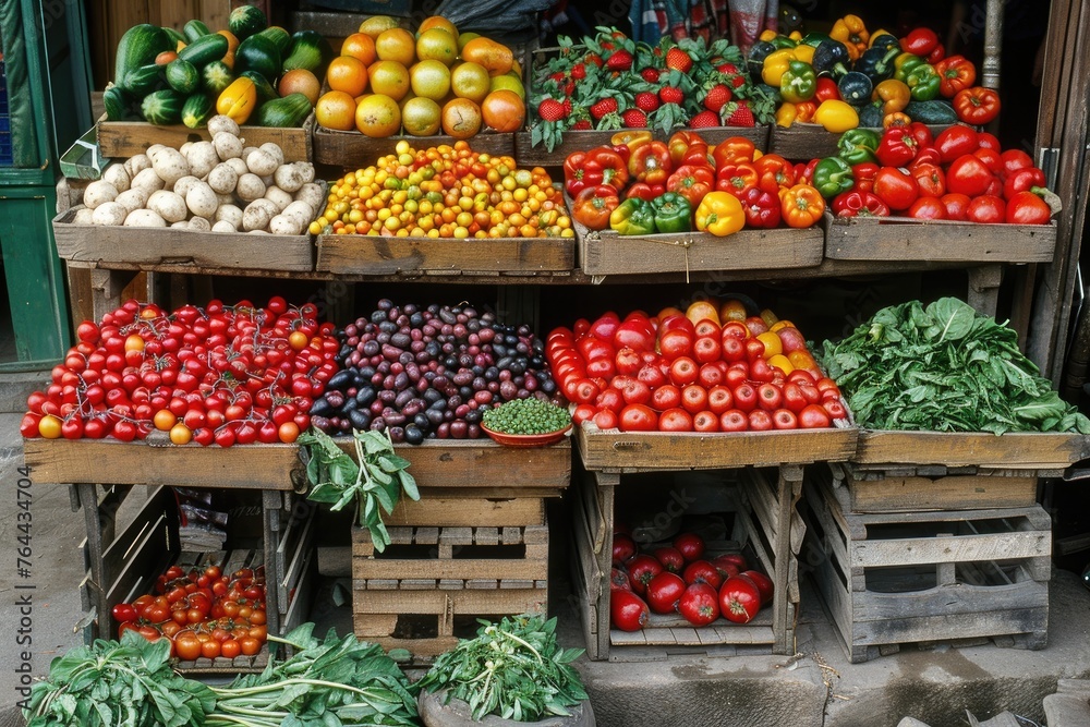 Berries, fruits and vegetables on the shelves of the street market.
