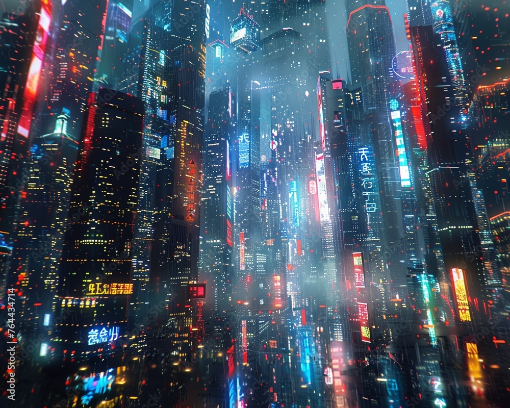 A bustling cityscape with skyscrapers and neon lights reflecting off glass buildings