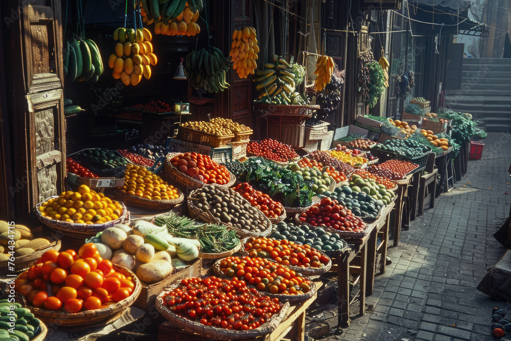 A street market with a large assortment of fresh fruits and vegetables.