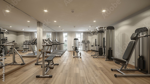 A modern gym with exercise equipment and treadmills.