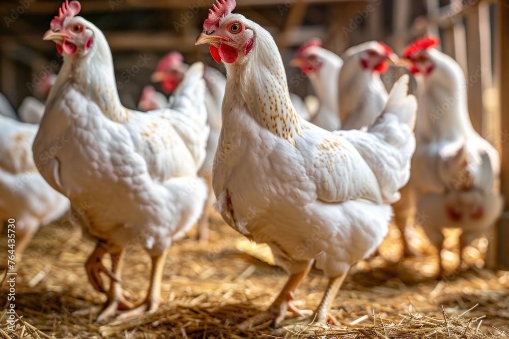 Fototapeta premium A flock of white broiler chickens on straw bedding inside a coop.