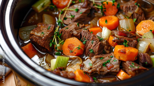 A crock pot filled with chunks of beef, carrots, and celery cooking together.