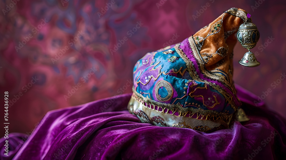 A close - up of a jester hat with intricate patterns and shiny bells, resting on a velvet cushion
