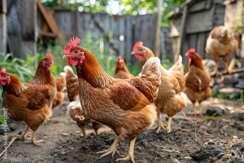 Brown chickens with red combs in an outdoor farm setting.