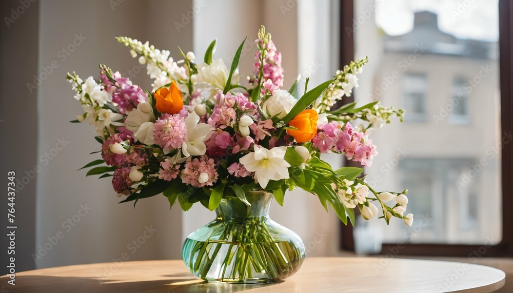 Morning sun lighting up spring flower bouquet in living room, chic apartment decor Morning sun lighting up spring flower bouquet in living room, chic apartment decor