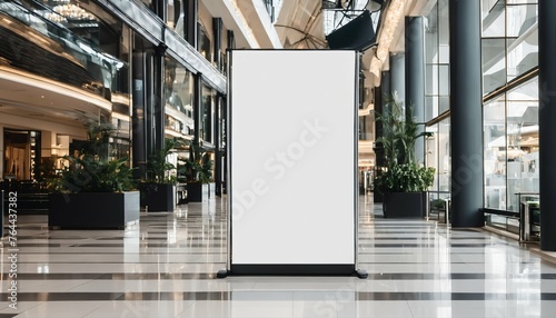 Contemporary digital signboard mockup in a shopping gallery, featuring a blank black and white screen with a blurred background for advertisement photo