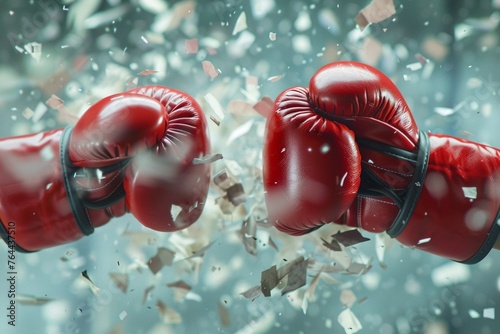 Closeup of boxing gloves shattering paper barriers, illustrating the concept of breaking free and achieving goals