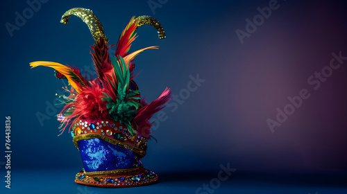A jester hat with a unique design, featuring feathers and sparkling gems, placed on a pedestal.