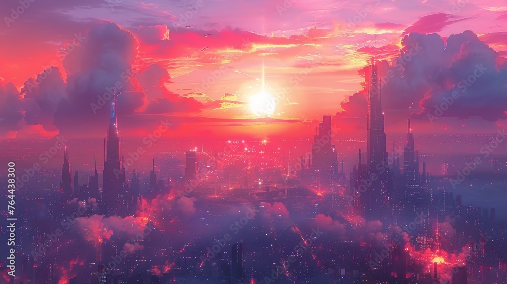 A sprawling cityscape with towering skysers each representing a different dimension of society and all converging at a bustling city center.