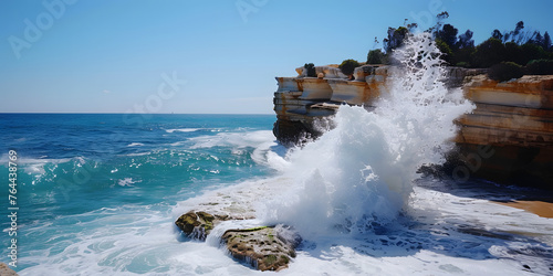 Costa com penhasco e ondas quebrando photo