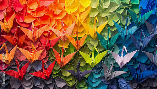 Origami Art and Craft, Colorful Paper Birds in Creative Pattern photo