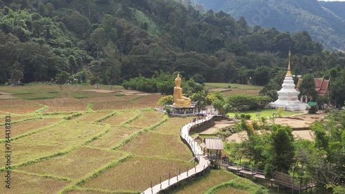 Top view of a bamboo bridge to white pagoda and Phra Chao Ton Luang a large outdoor golden Buddha statue. Sitting in the middle of a rice field at Wat Nakhuha there are beautiful natural places. 