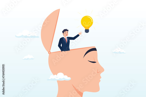 Man with eureka moment discover lightbulb idea in his head, eureka moment discover new idea or solution to solve problem, business insight, inspiration or creativity innovation, Aha moment (Vector)