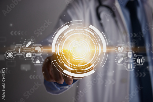 Doctor Hand and Finger Touch Screen Yellow Earth and Globe or World Hud and Medical Equipment Icon. Medical Technology,Innovation,Science and Healthcare Concept