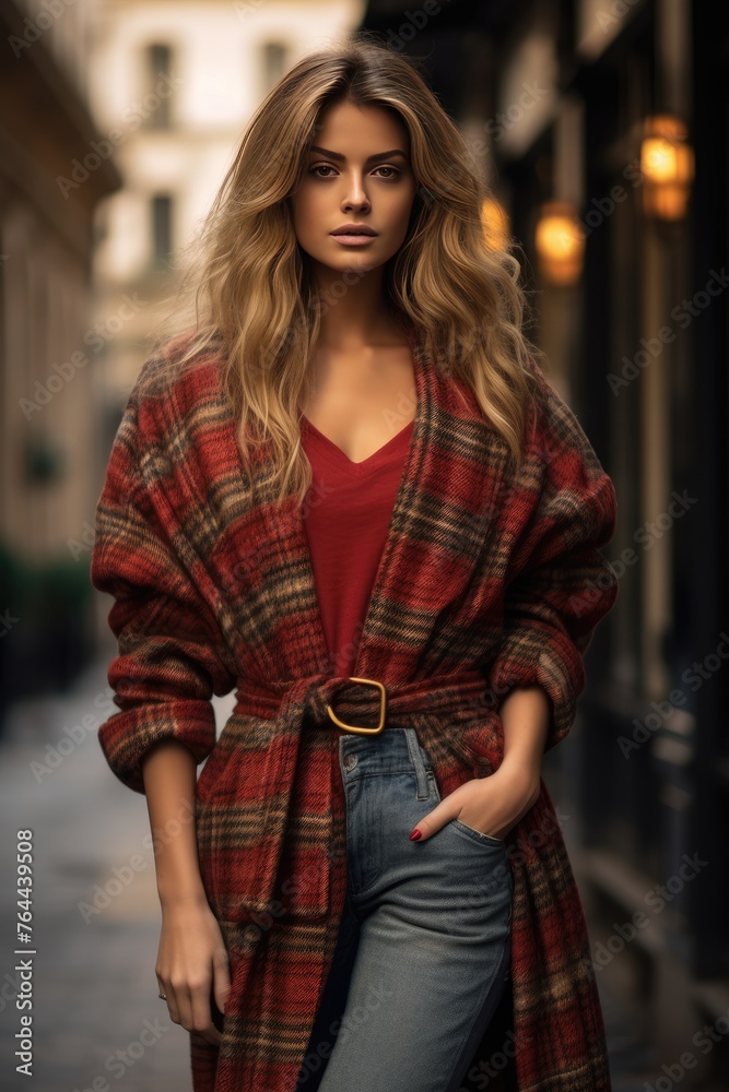A plaid wrap coat worn over a sweater and jeans, providing both warmth and style for a winter day. Woman fashion christmas.