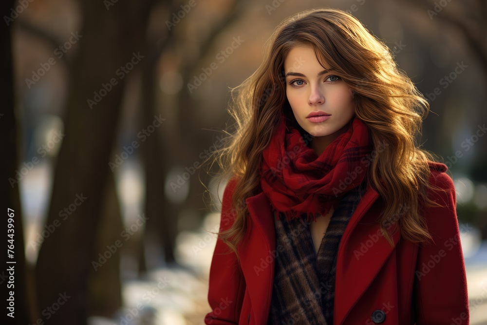 A classic red pea coat paired with a plaid scarf for a timeless and festive winter outerwear look. Woman fashion christmas. A classic red pea coat paired with a plaid scarf for a timeless and festive winter outerwear look. Woman fashion christmas.
