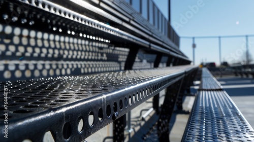 A closeup of the metal bleachers shows the intricate patterns and design of the seating structure.