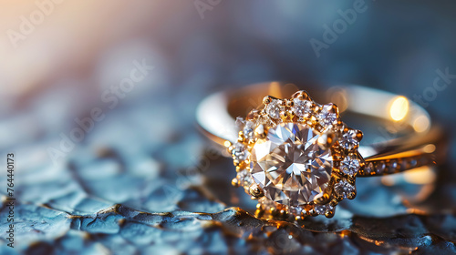 Closeup of an exquisite diamond ring for engagement, capturing the modern, luxurious elements, and the emotional significance of a perfect marriage proposal filled with love. 