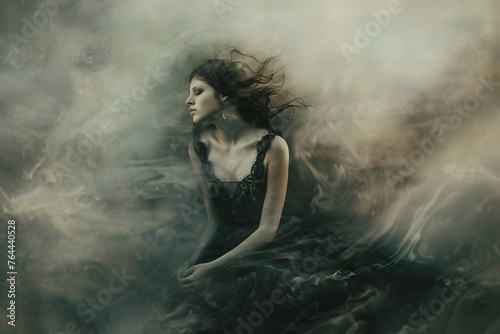 a blur art photography of people, a blurred motion camera photography of a woman, concept art illustration for a poster, a music album cover or for illustrations of psychological and social problems © Graphicsnice