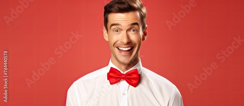 A man wearing a crisp white shirt and a vibrant red bow tie is grinning happily photo