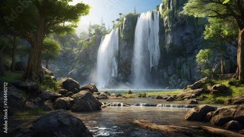 A powerful waterfall cascades down moss-covered rocks in a lush Yosemite mountain forest